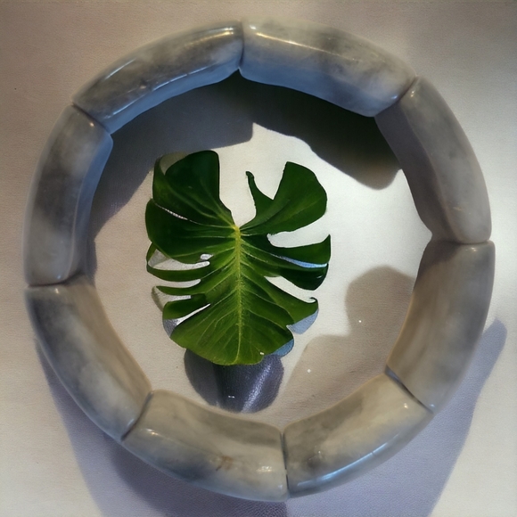 Artistic White Black Jadeite Jade Rectangular Cut Stone Bangle Bracelet Elastic - Picture 2 of 6